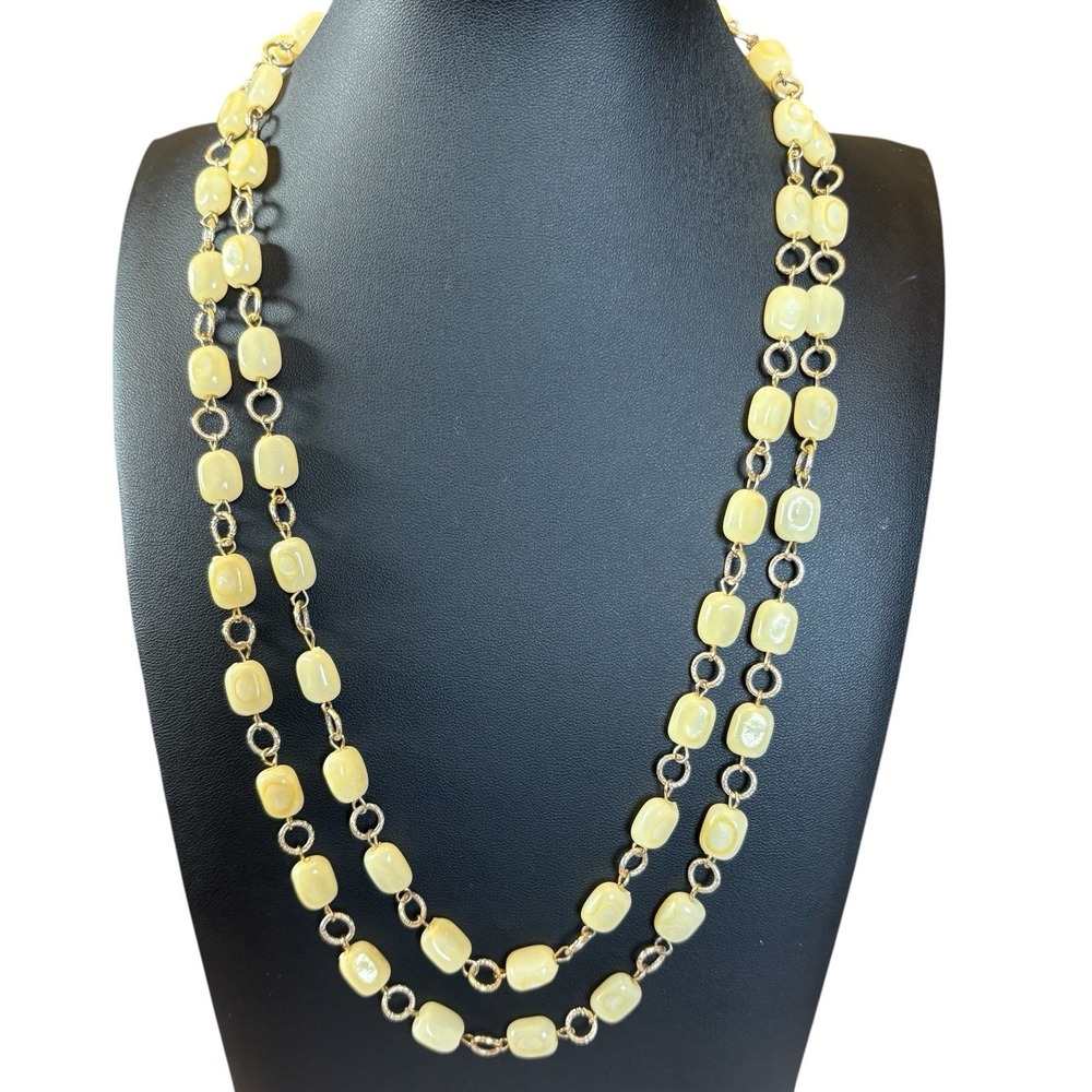 Pale Yellow Beaded Necklace Plastic Long Continuous Strand‎ Gold Tone VTG Light